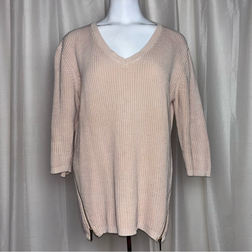 Tyler Boe Raglan Shaker Ribbon Zipper Detail V Neck Sweater